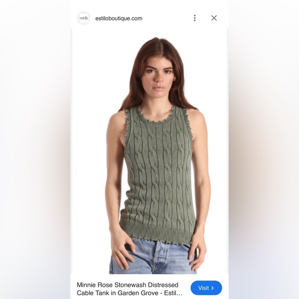 Minnie Rose Stonewash Distressed Cable Knit Tank in Garden Grove Green
